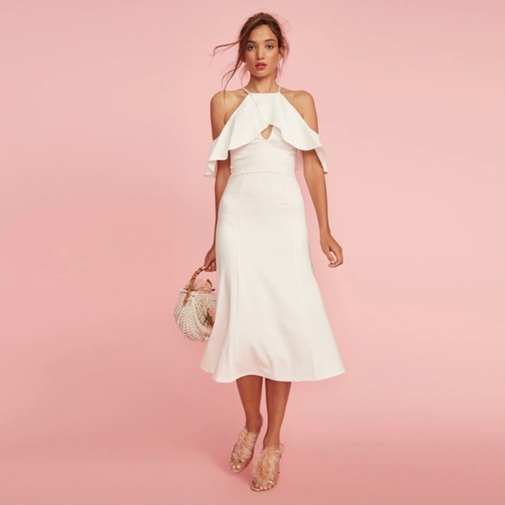 NWT LPA 161 Ruffle Cold Shoulder MIDI Dress Romantic Summer Feminine Flirty M